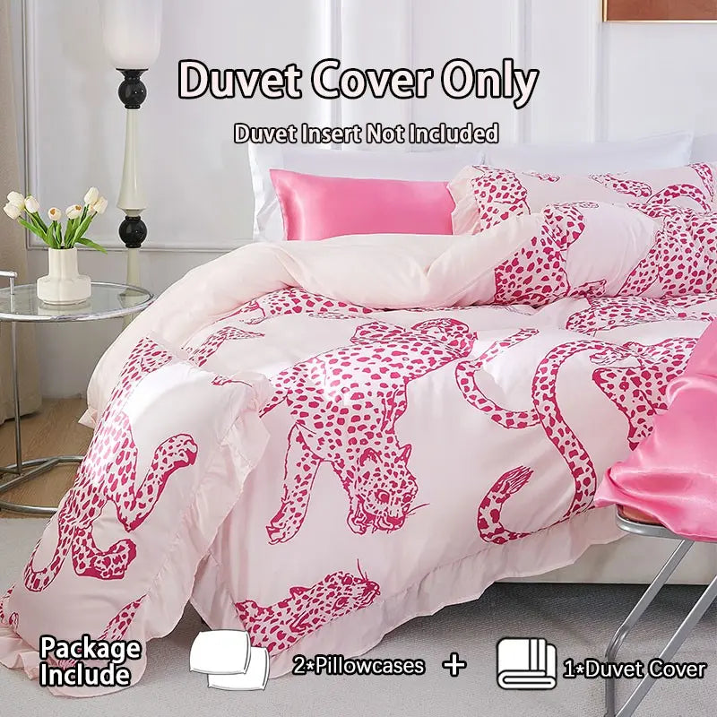3-piece pink leopard print duvet cover set with ruffle edge, Ruffled duvet cover, breathable comfortable bedding, comes with duvet cover pillowcases, no filling, perfect for all seasons, ideal as holiday gifts