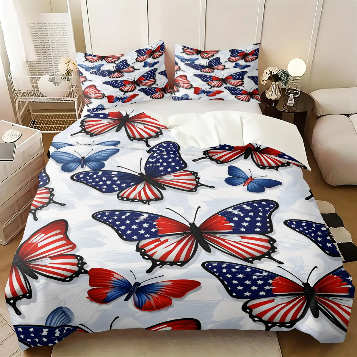 2/3Pcs Patriotic American Flag Butterfly Duvet Cover Set, American Flag Element Splicing Pattern, Soft Microfiber USA Bedding Set with Pillowcases, No Filler, For Bedroom, University Dormitory, Apartment Decor, Great Gift for Patriotic Lovers