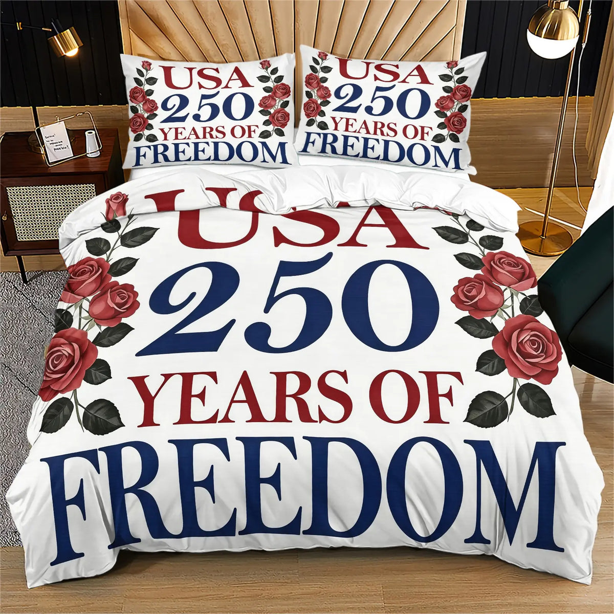 American 250th Anniversary Pattern Quilt Cover Set, Soft And Comfortable Bedding Set (1 Duvet Cover + 1/2 Pillowcase, No Filler), Suitable For Teenagers And Adults, Bedroom, Dormitory, Guest Room Scene