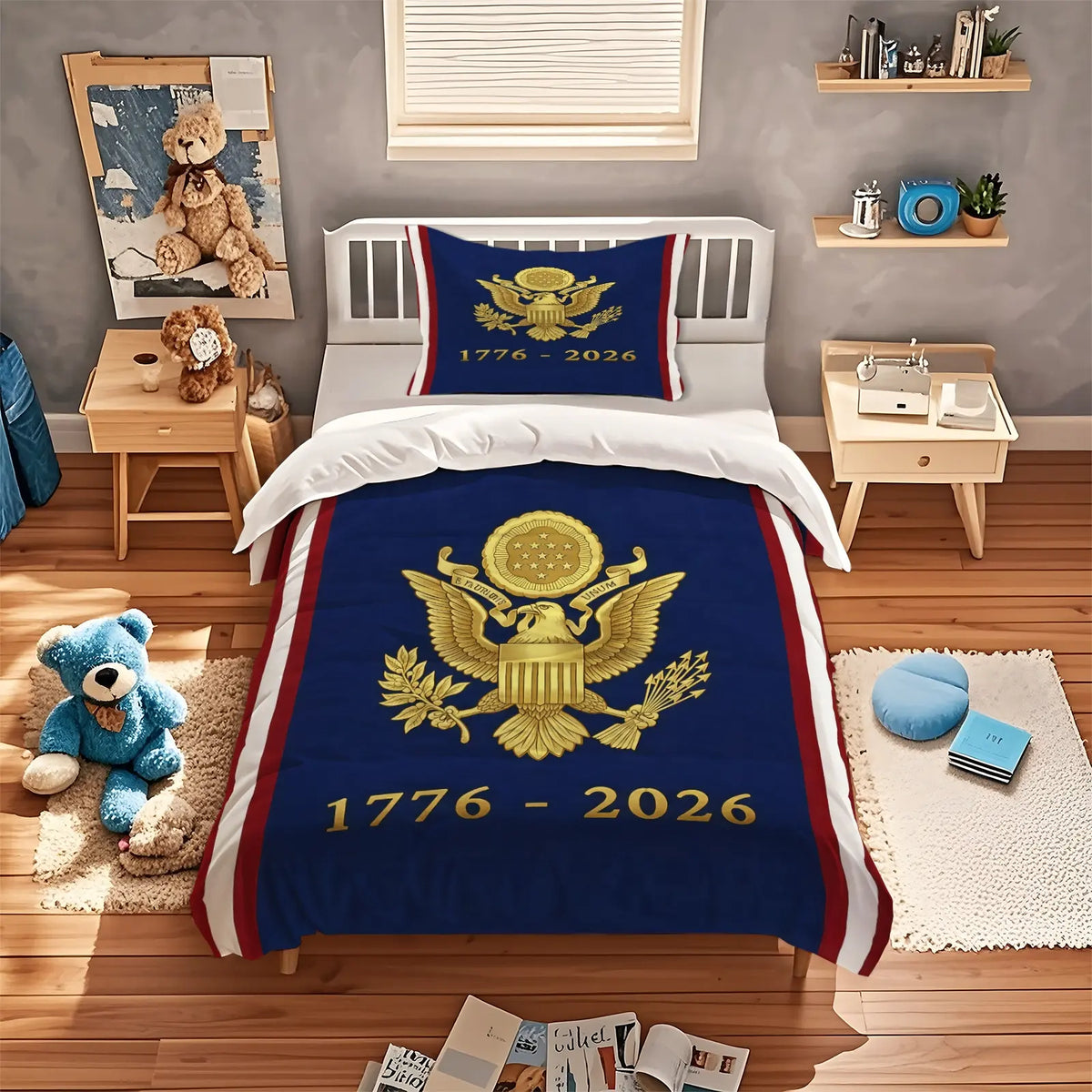 American 250th Anniversary Pattern Quilt Cover Set, Soft And Comfortable Bedding Set (1 Duvet Cover + 1/2 Pillowcase, No Filler), Suitable For Teenagers And Adults, Bedroom, Dormitory, Guest Room Scene