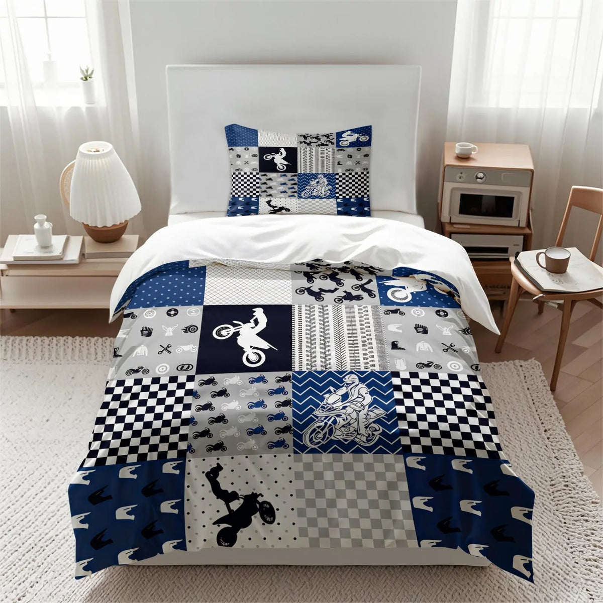 2/3 Pcs Dirt Bike Print Duvet Cover Set, Cool Motocross Themed Bedding Set, Motorcycle Bedding, Soft Durable with Zipper Closure, Bold Digital Print, Great for Teen Bedroom, Dorm, Motocross Enthusiast Room Decor - No Filling