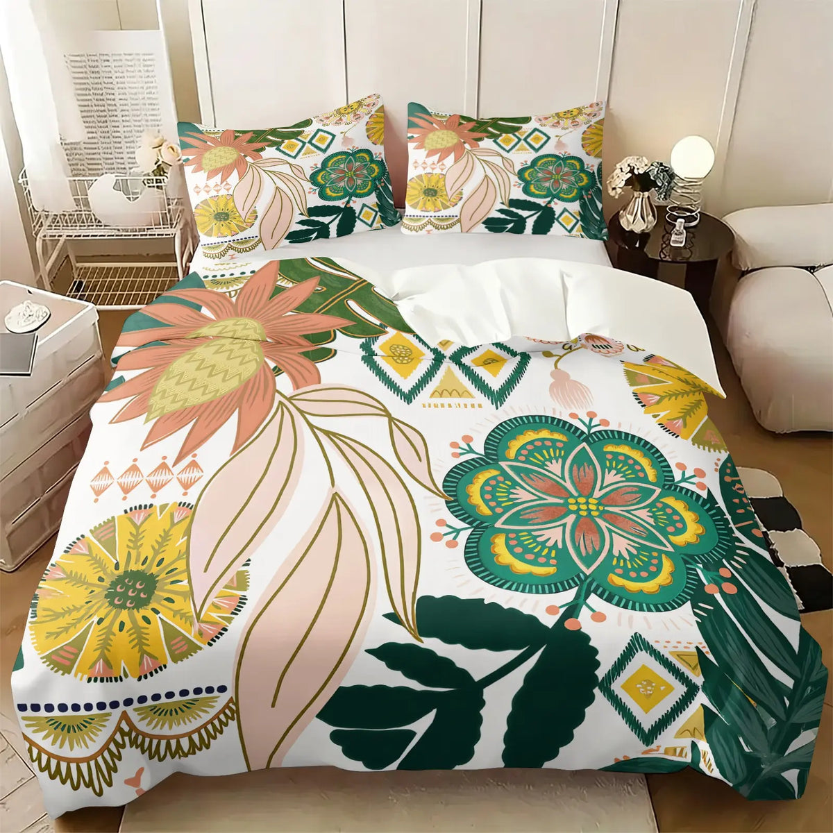 2/3Pcs Boho Floral Duvet Cover Set, Vibrant Tropical Botanical Comforter Cover, Black Background Bohemian Bedding Set with Pillowcases, No Filler, For Women Teen Girls Bedroom Dorm Apartment Home Decor