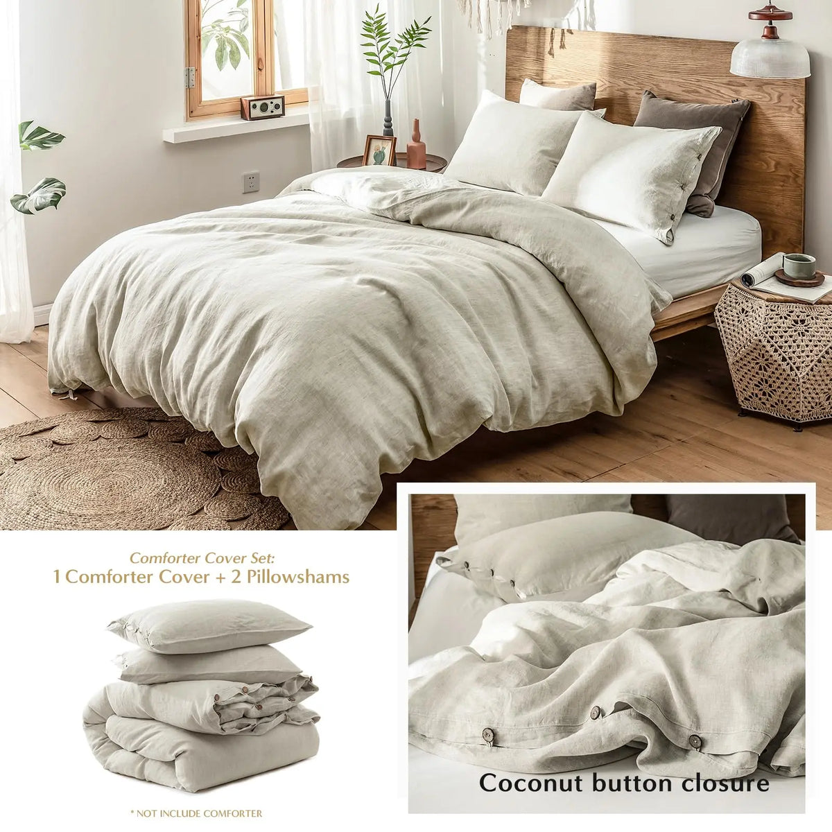 Simple&Opulence 100% Linen Duvet Cover Set, Belgian Flax Breathable Bedding, Comforter Cover+ Pillowsham with Coconut Button Closure, memorial day