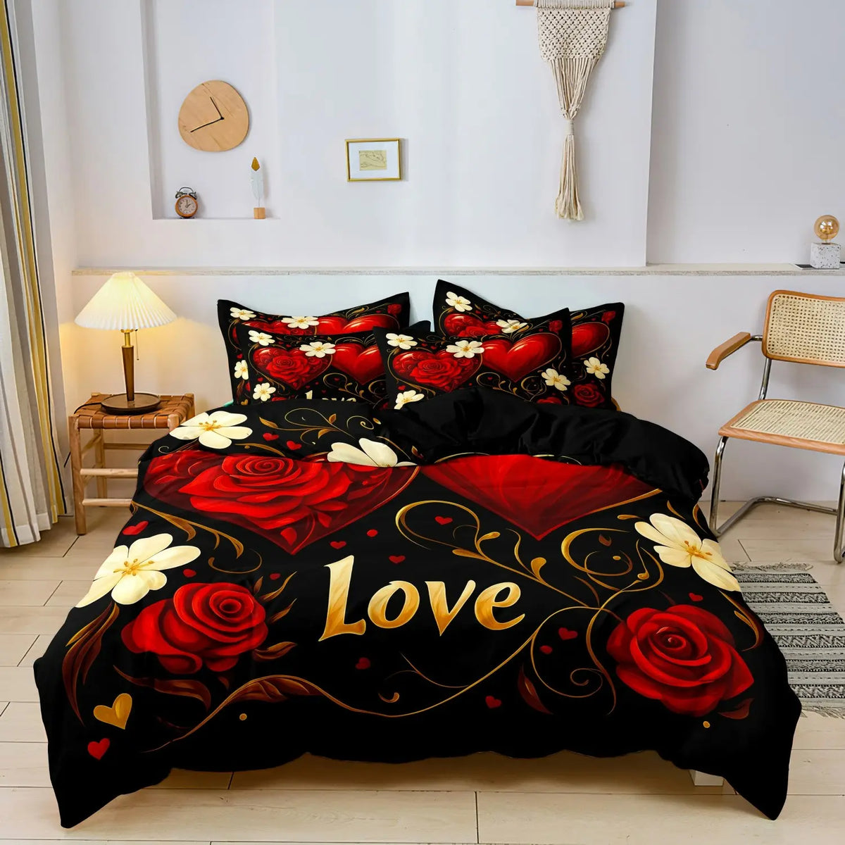 3 PCS Deep Red Rose Heart Design Duvet Cover Set, Bed Covers, Comfy Bedding Sets Decorative Bedding for Bedroom & Hotel, Holiday Gift (1 Duvet Cover + 2 Pillowcases, No Comforter, No Pillow Insert) #GLOBAL PICKS