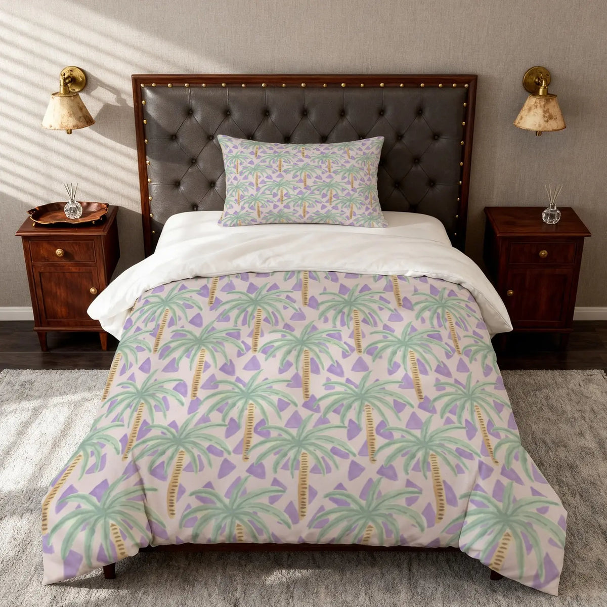 Tropical Palm Tree Print Duvet Cover Set, 2/3 Pieces (1 Duvet Cover and 1/2 Pillowcases), Pillow Inserts and Comforter Insert Not Included, Coastal Vacation Style Single-Sided Printed Soft and Comfortable Bedding, Suitable for Bedroom, Dorm, Apartment and
