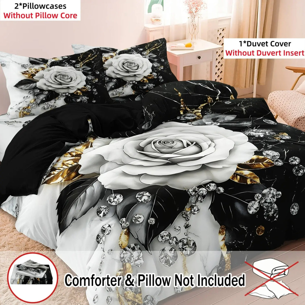 3pcs 3D Featuring Black and White Rose and Crystal Diamond Art Patterns Decorative Duvet Cover Set, Golden leaf chain set duvet cover，Includes 1 Duvet Cover + 2 Pillowcases，Soft and Comfortable Breathable Theme Bedding Set Bed Covers, Comfy Bed Sets