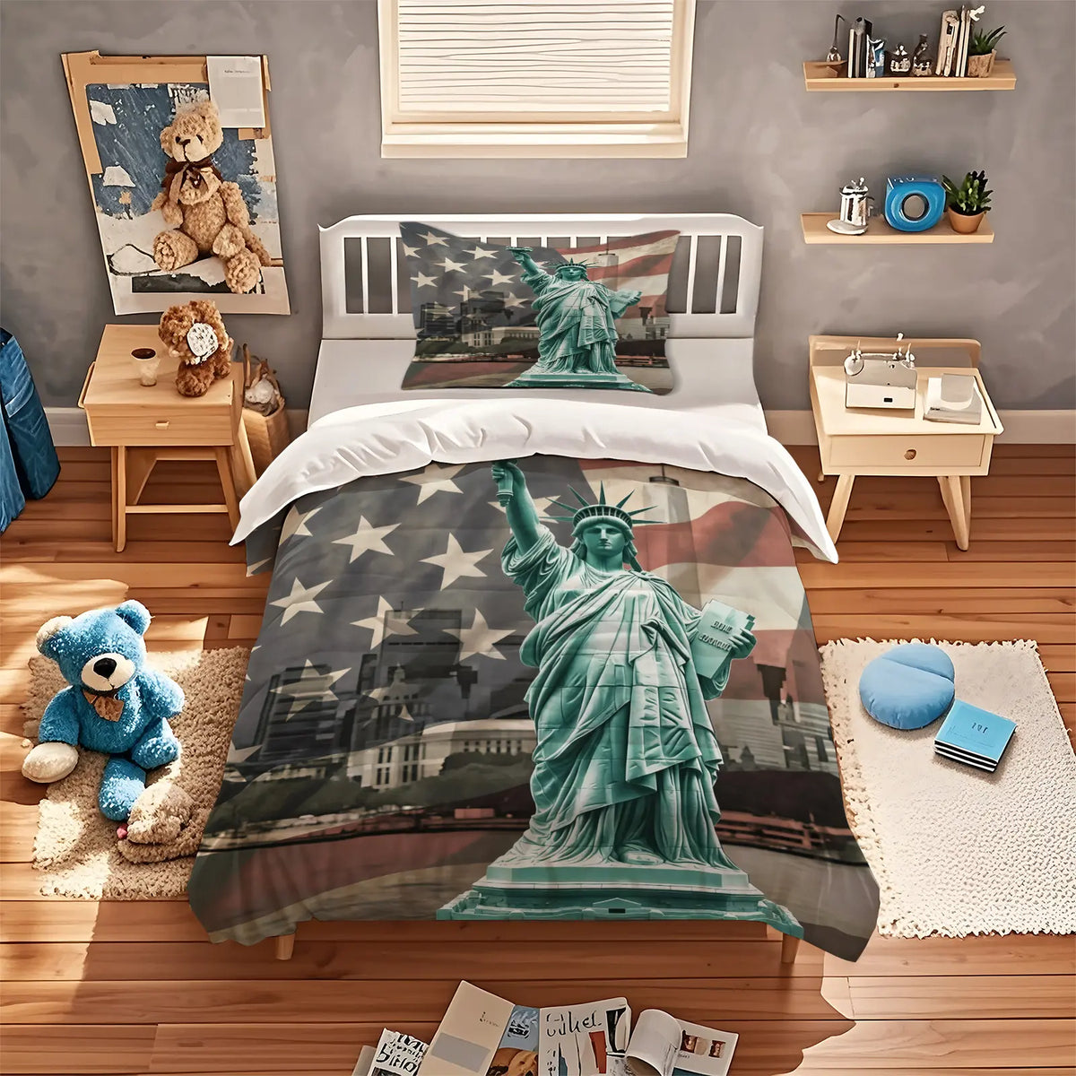 American 250th Anniversary Pattern Quilt Cover Set, Soft And Comfortable Bedding Set (1 Duvet Cover + 1/2 Pillowcase, No Filler), Suitable For Teenagers And Adults, Bedroom, Dormitory, Guest Room Scene