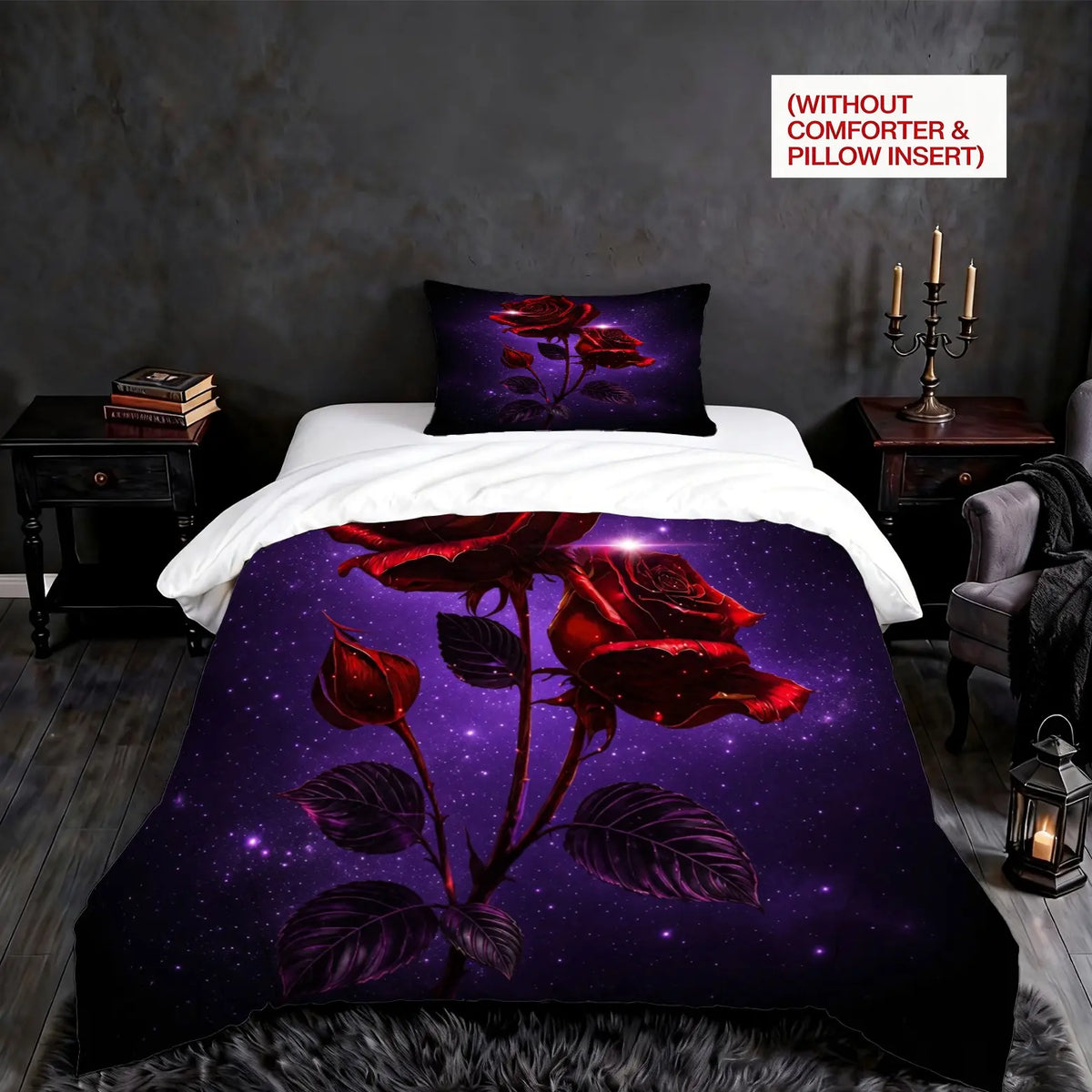 2/3Pcs Gothic Night‑Moon Red Rose Decorative Duvet Cover Set, Dark Romantic‑Style Digital Printed Bedding, No Core, Soft Machine‑Washable Quilt Cover, Perfect for Bedroom, Dorm & Gothic‑Style Enthusiasts, Ideal Home Decor Gift
