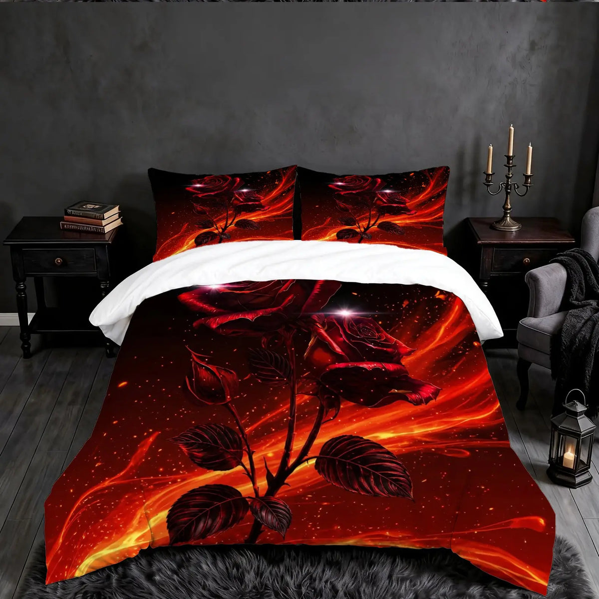 2/3Pcs Gothic Night‑Moon Red Rose Decorative Duvet Cover Set, Dark Romantic‑Style Digital Printed Bedding, No Core, Soft Machine‑Washable Quilt Cover, Perfect for Bedroom, Dorm & Gothic‑Style Enthusiasts, Ideal Home Decor Gift