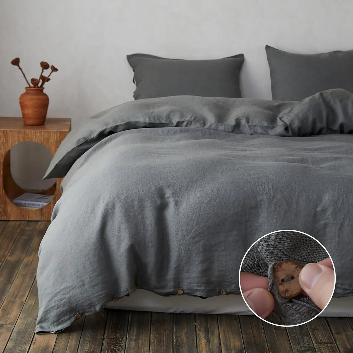 Simple&Opulence 100% Linen Duvet Cover Set, Belgian Flax Breathable Bedding, Comforter Cover+ Pillowsham with Coconut Button Closure, memorial day
