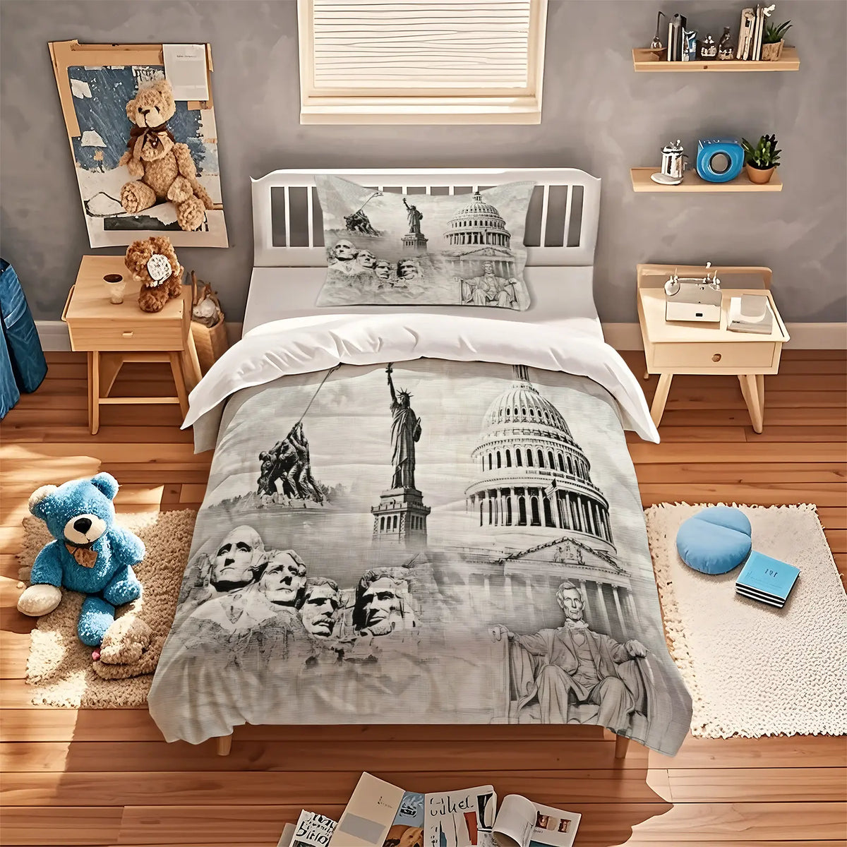 American 250th Anniversary Pattern Quilt Cover Set, Soft And Comfortable Bedding Set (1 Duvet Cover + 1/2 Pillowcase, No Filler), Suitable For Teenagers And Adults, Bedroom, Dormitory, Guest Room Scene