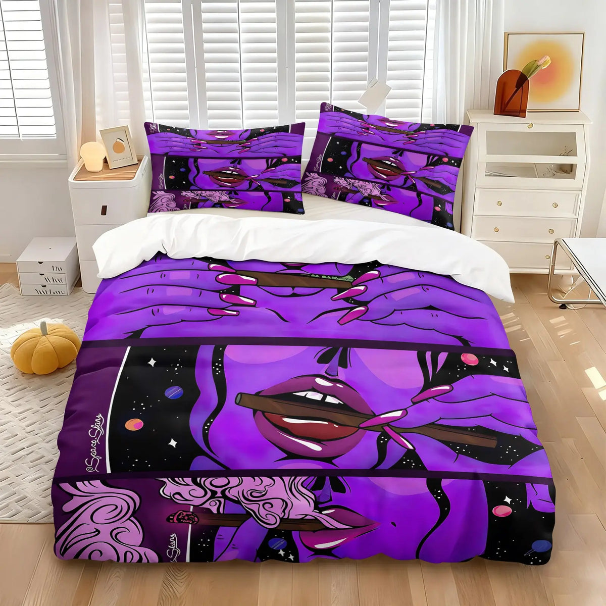 Purple Pop Art Lady Duvet Cover Set, Include 1 Comforter Cover and 1/2 Pillowcases, Cosmic Starry Galaxy Comic Woman Face Print Quilt Cover, Trendy Graffiti Style Soft Bedroom Decor Bedding, All Seasons Use, Comfortable and Breathable