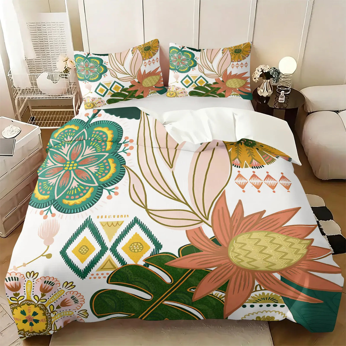 2/3Pcs Boho Floral Duvet Cover Set, Vibrant Tropical Botanical Comforter Cover, Black Background Bohemian Bedding Set with Pillowcases, No Filler, For Women Teen Girls Bedroom Dorm Apartment Home Decor