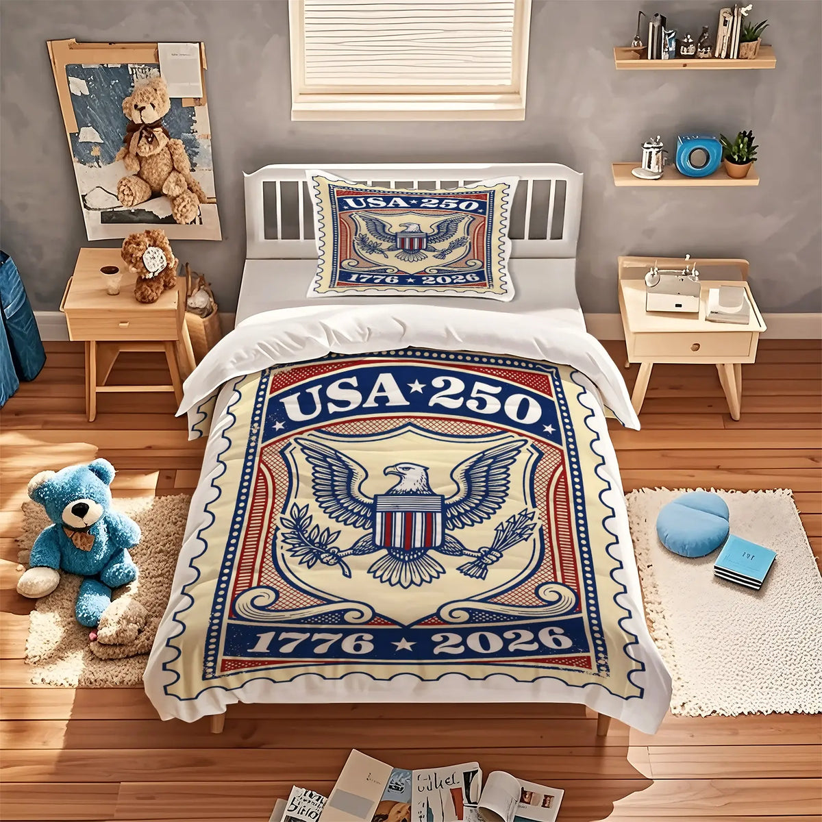 American 250th Anniversary Pattern Quilt Cover Set, Soft And Comfortable Bedding Set (1 Duvet Cover + 1/2 Pillowcase, No Filler), Suitable For Teenagers And Adults, Bedroom, Dormitory, Guest Room Scene